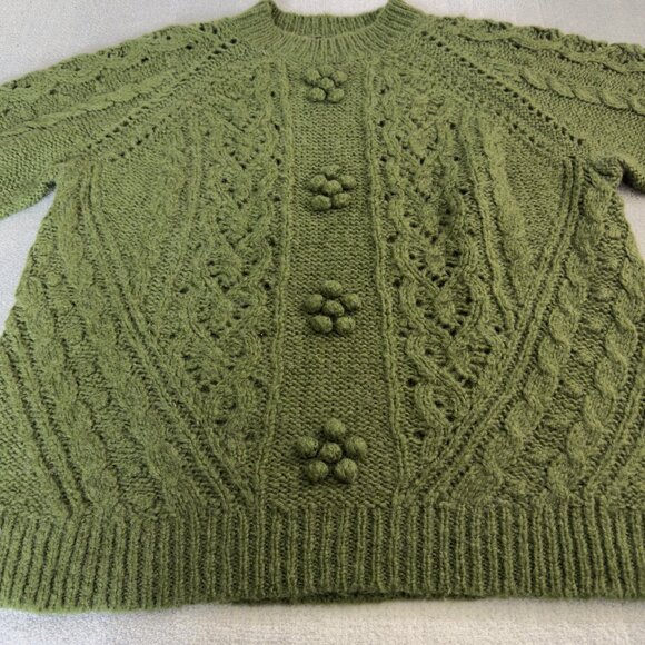 J Crew. Women Chunky Knit Green Sweater With Floral Detailing Size Large - Picture 9 of 14